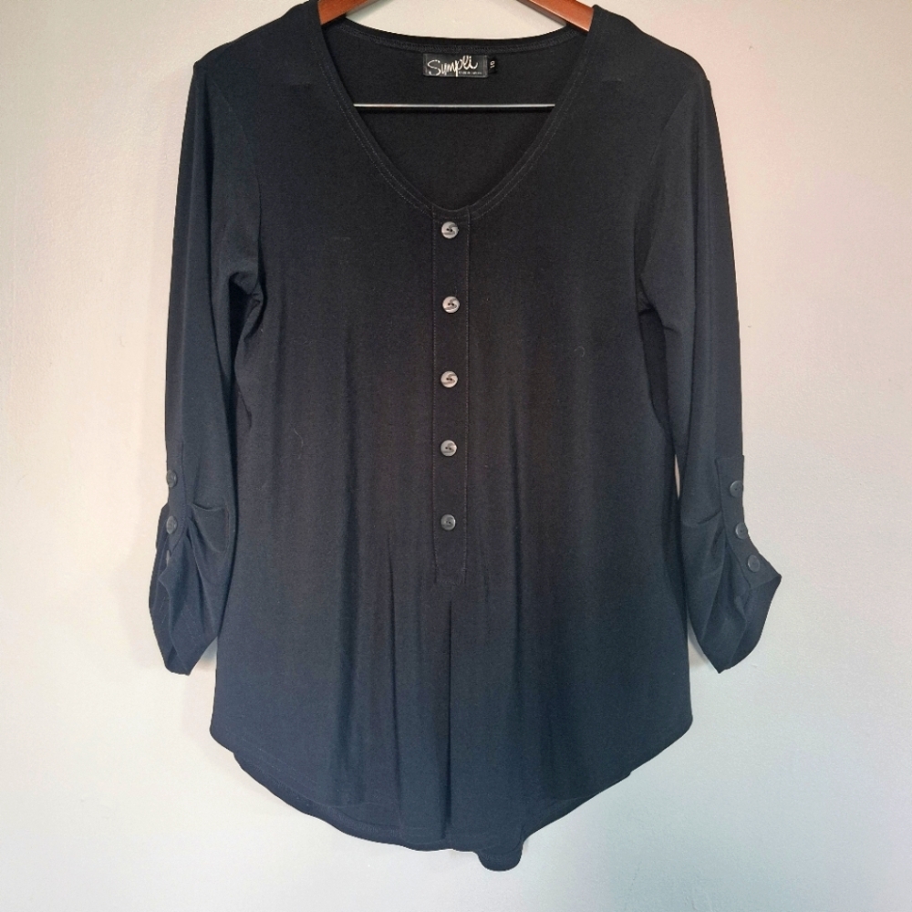 Sympli Black Jersey Ruched Sleeve Top V Neck Size 10